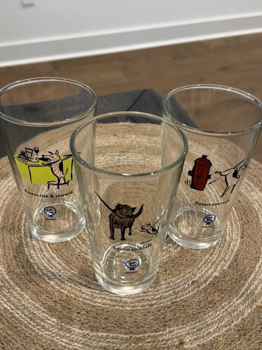 Vtg Bad Dog Brand Wisdom Glass Drinking Glasses Set of 3 Funny Theme Drinkware - Picture 2 of 16
